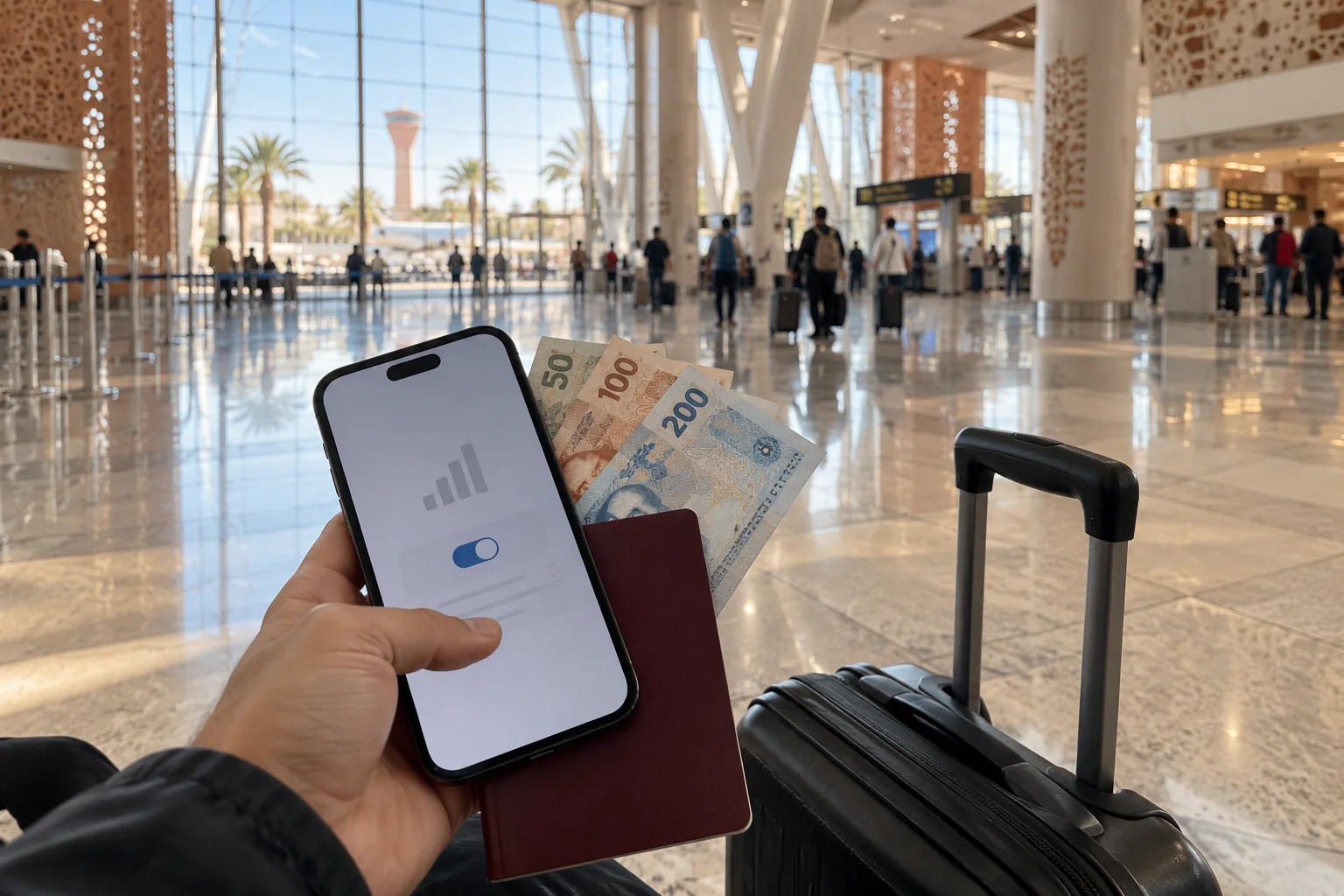 Teléfono inteligente, cartera de viaje y dirhams marroquíes dentro de la zona de llegadas del Aeropuerto Marrakech-Menara. aeropuerto marruecos marrakech