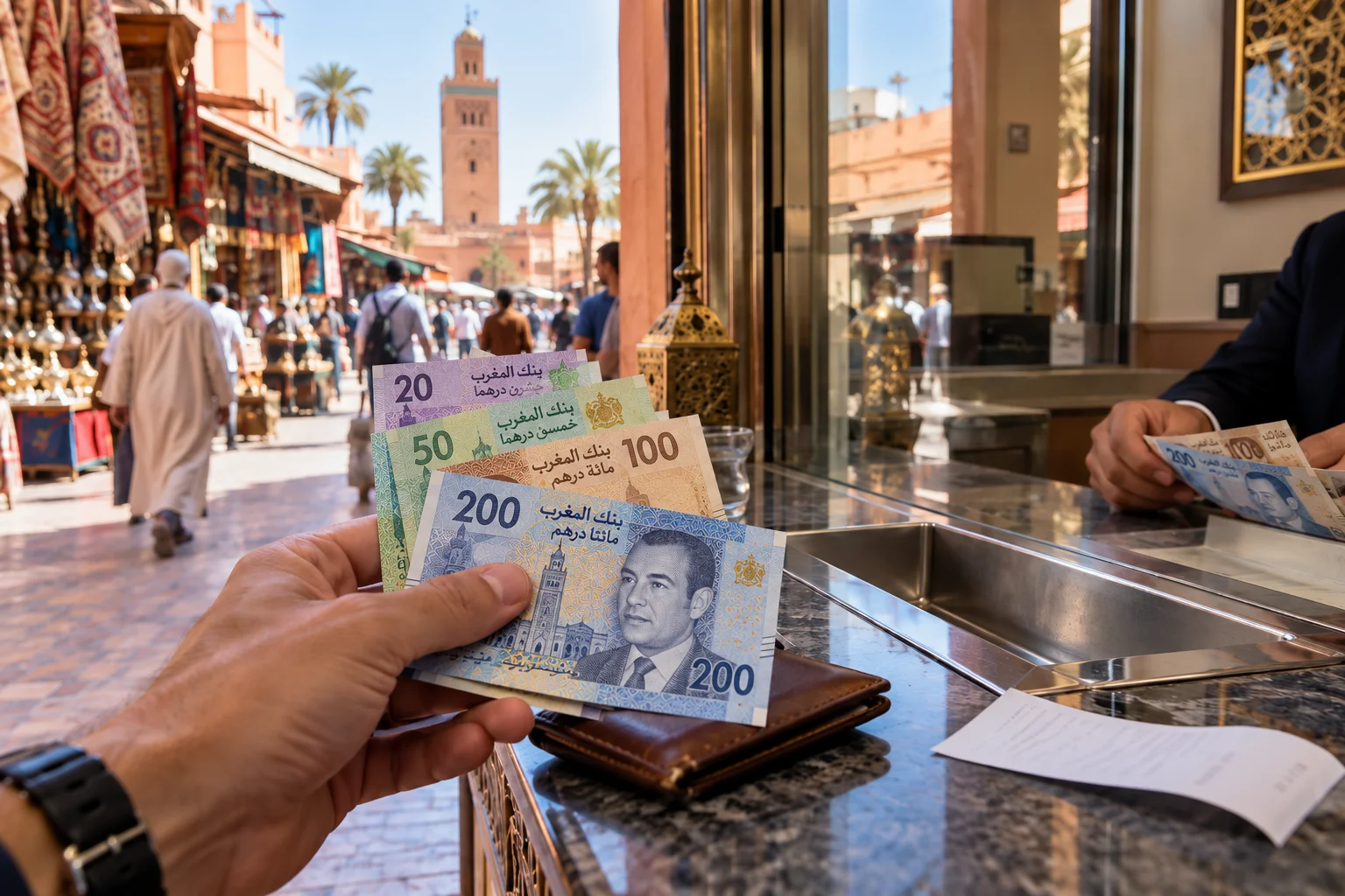 currency morocco, Traveller exchanging money for Moroccan dirhams at a currency counter in Marrakech.