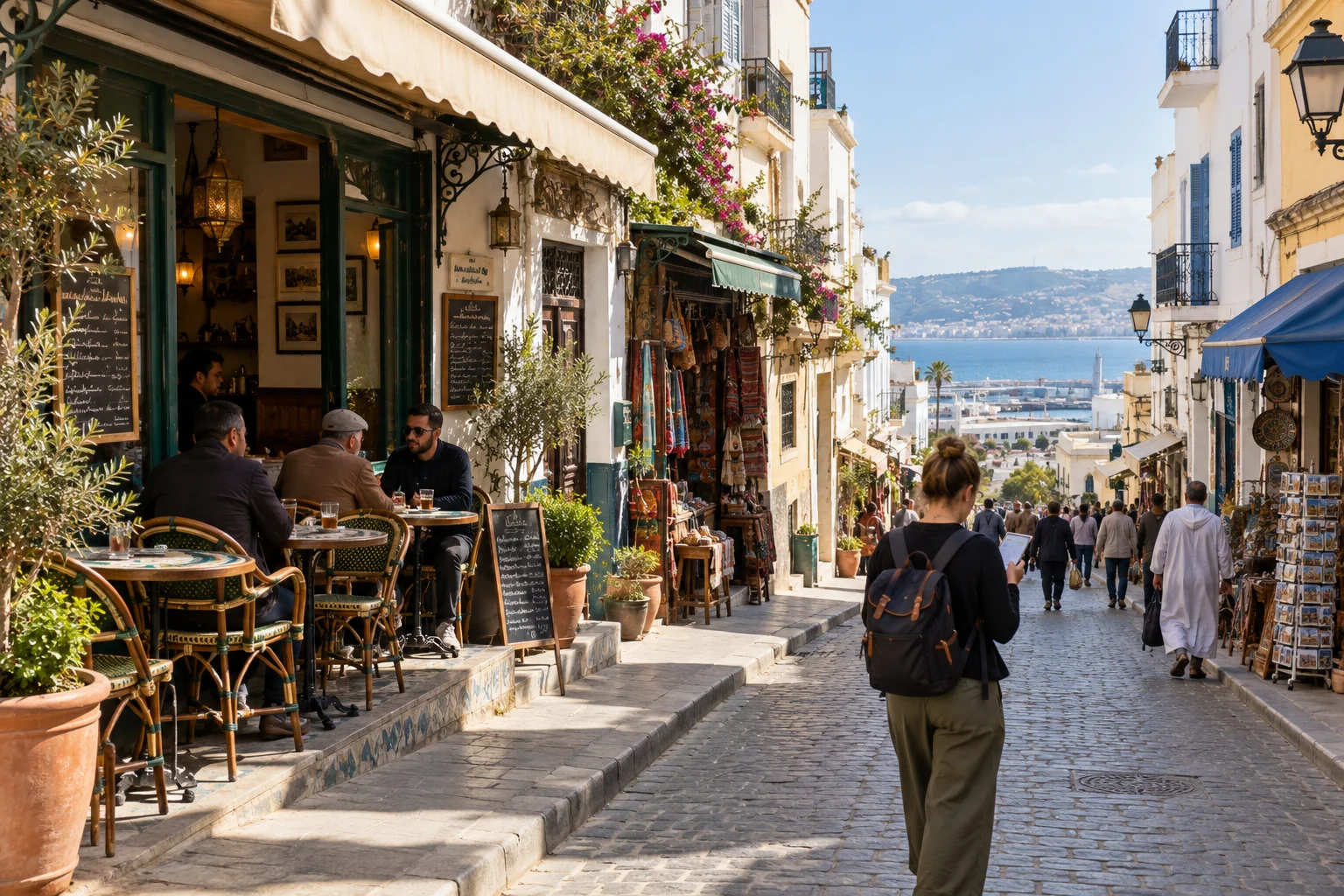 Visitatore che controlla le indicazioni su un telefono accanto a caffè locali a Tangeri, Marocco. Che lingua si parla in Marocco
