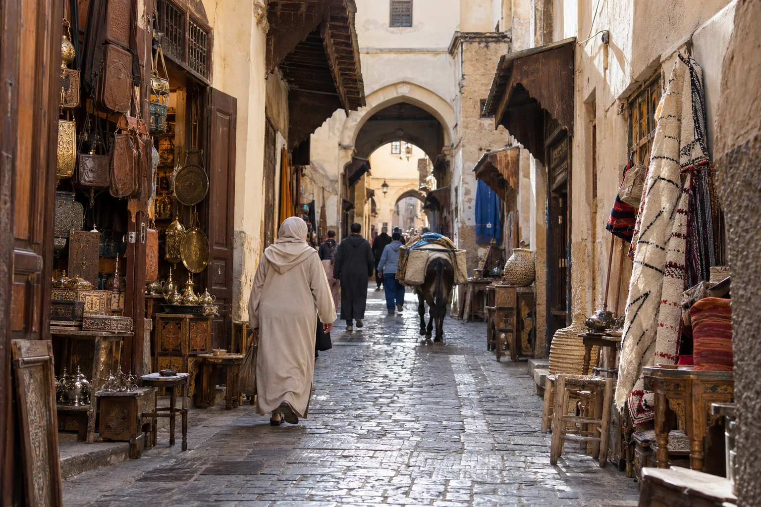 is morocco safe , Narrow daytime street inside the Fes medina where visitors should stay aware of directions and belongings.