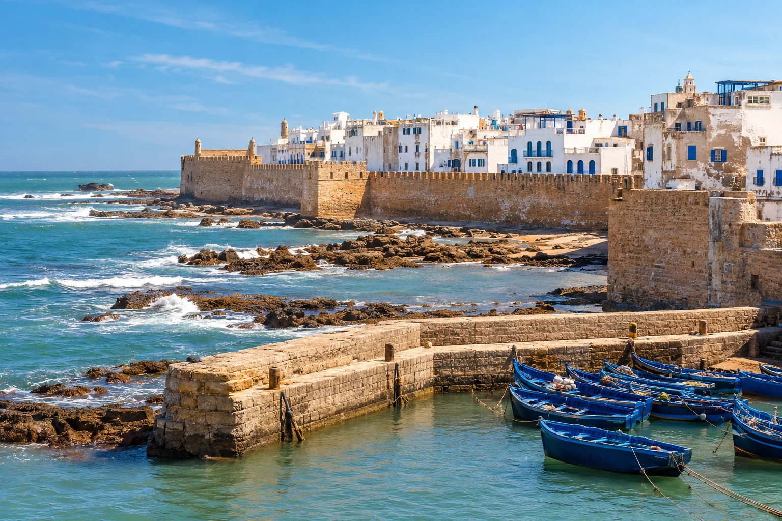 Essaouira's historic coastal ramparts overlooking the Atlantic Ocean in Morocco. day trips from marrakech morocco