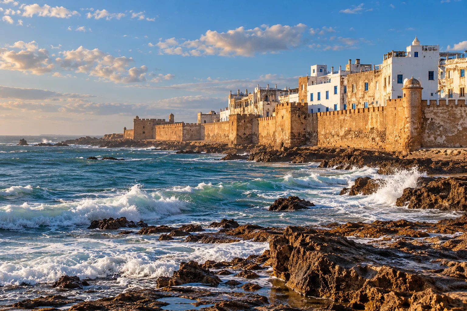 Mura atlantiche storiche di Essaouira durante un mite pomeriggio autunnale in Marocco. clima marocco novembre