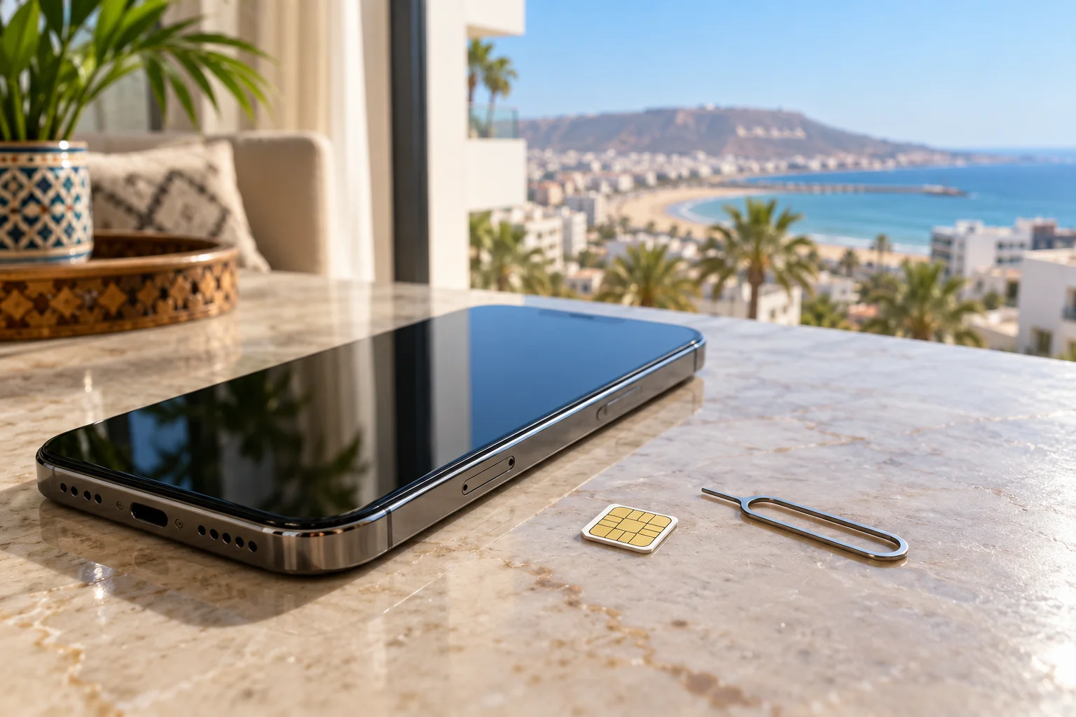Smartphone and physical SIM card beside a window overlooking Agadir, Morocco. esim morocco