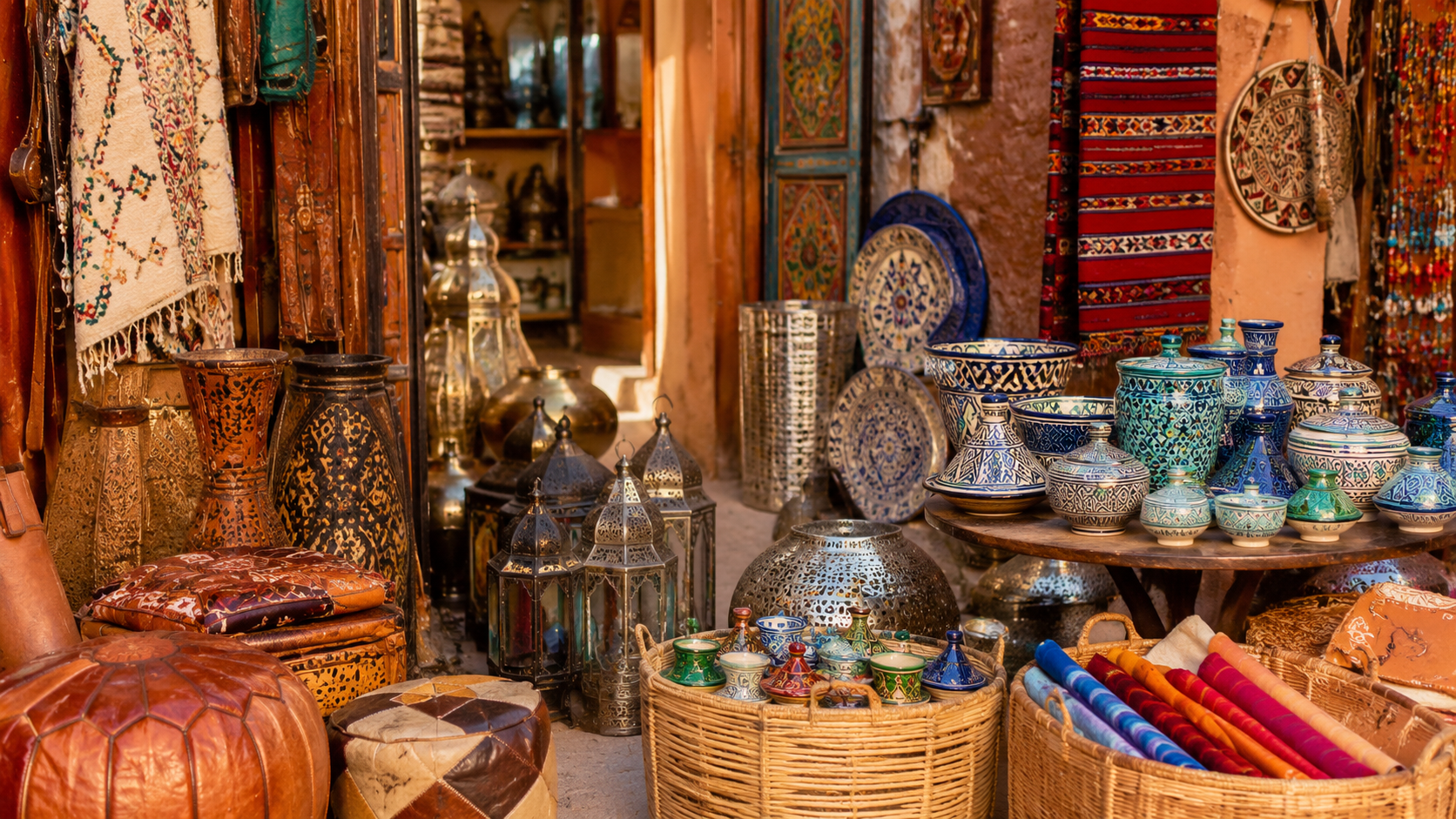 Ledertaschen und Babouches an einem Handwerkerstand